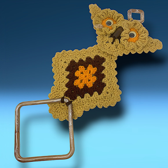 Vintage 1970s Handmade Crochet Wise Owl Towel Holder Wall Hanging OOAK Artisan